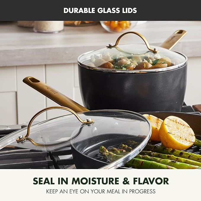 GreenPan Hard Anodized Healthy Ceramic Nonstick 16 Piece Cookware Pots and Pans Set Gold Handle PFAS-Free Dishwasher Safe Oven Safe Black