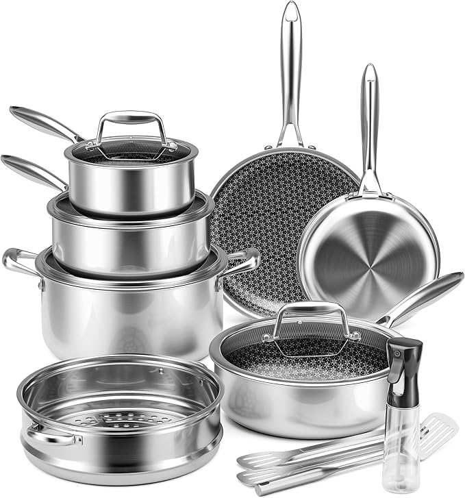 VONIKI Hybrid Tri-ply Stainless Steel Cookware Set Pots And Pans Set Non Stick with Steamer Basket Non Toxic Induction Cookware Kitchen Cookware Sets PFOA &amp PTFE Free Dishwasher and Oven Safe