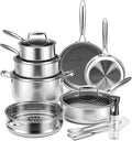 VONIKI Hybrid Tri-ply Stainless Steel Cookware Set Pots And Pans Set Non Stick with Steamer Basket Non Toxic Induction Cookware Kitchen Cookware Sets PFOA &amp PTFE Free Dishwasher and Oven Safe