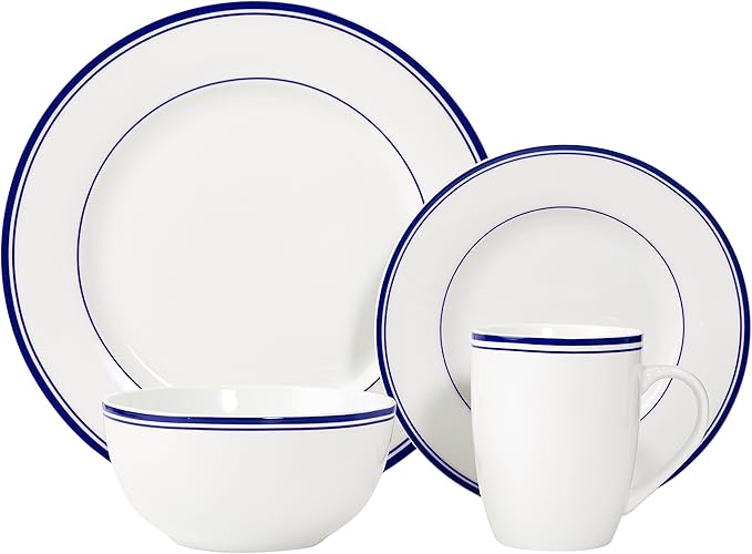 Amazon Basics 16-Piece Cafe Stripe Dinnerware Set Microwave and Dishwasher Safe Plates Bowls Mugs Service for 4 Blue