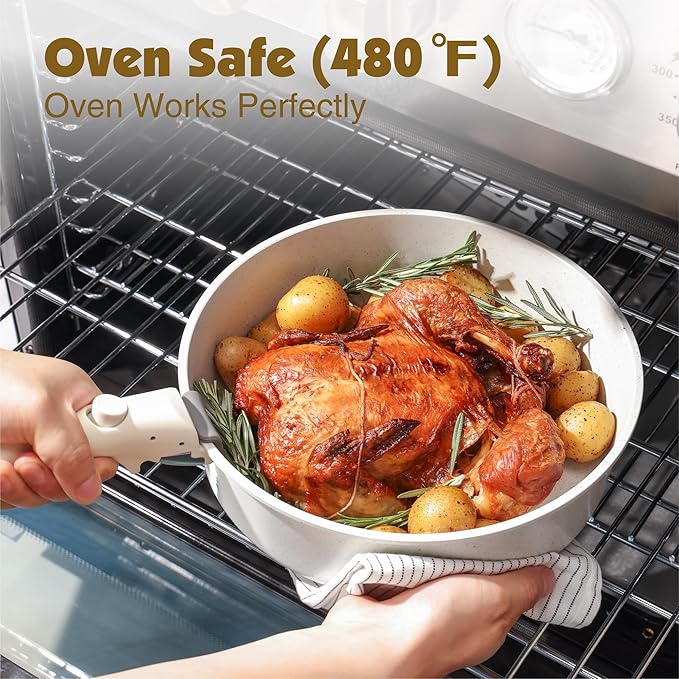SENSARTE 17 Piece Pots and Pans Set Nonstick Detachable Handle Cookware Set Induction Kitchen Cookware Set with Removable Handle Healthy Non Stick for RV Dishwasher ＆ Oven Safe PFOA Free (White)