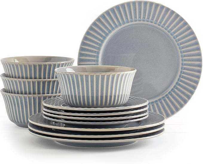 Tabletops Gallery Richmond 12-Piece Reactive Glaze Stoneware Dinnerware Set of Kitchen Dishes Dinner Plates Cereal Bowls Service for 4 Gray