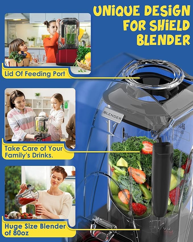 CRANDDI Quiet Commercial Blender with Soundproof Shield 2200 Watt Professional Blenders for Kitchen with 80oz Pitcher and Self-Cleaning High-Speed Blenders K90 Red