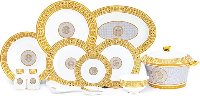 Royalty Porcelain 44 Piece Dinnerware - Gorgeous Set for 6 - Mosaic Design with Gold Detailing - Dining Plates Bowls Tureen and Serving Pieces - For Everyday Dishes or Formal Occasion