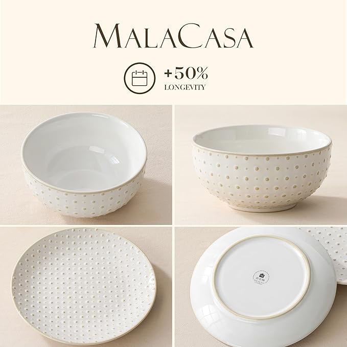 MALACASA 24 Piece Dinnerware Set Embossed Ceramic Dish Sets Service for 8 Plates and Bowls Set Durable Stoneware Tableware for Family Dinners Dishwasher &amp Microwave Safe