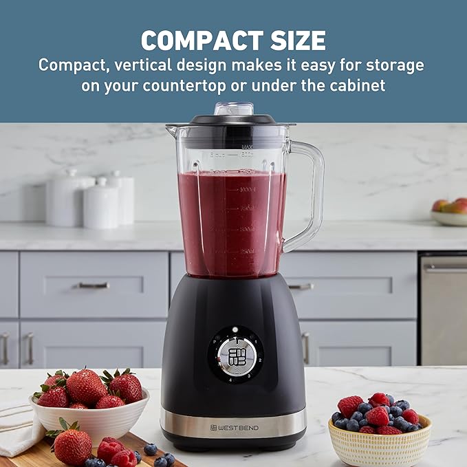 West Bend Blender with 48-Ounce Blending Jar and 20-Ounce Travel Cup Compact Design with Dial Control 700-Watts Black