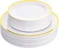 Aya's 60 Pack Heavy Duty Plastic Plates with Gold Rim - 30 Each of 10 Dinner and 7.5 Appetizer White Disposable Plates - Elegant Fancy Plastic Plates for Party Weddings and Special Events