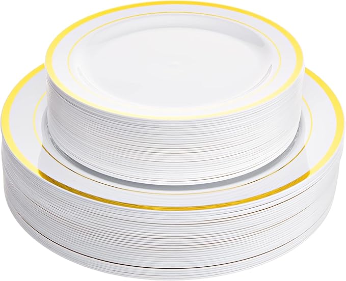 Aya's 60 Pack Heavy Duty Plastic Plates with Gold Rim - 30 Each of 10 Dinner and 7.5 Appetizer White Disposable Plates - Elegant Fancy Plastic Plates for Party Weddings and Special Events