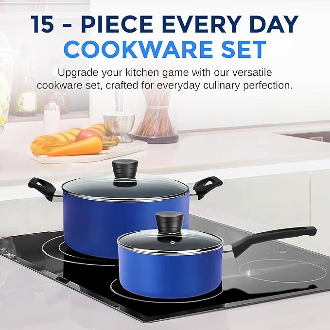 SereneLife 15-Pc Blue Nonstick Cookware Set Heat-Resistant Pots &amp Pans Set with Lids Dishwasher Safe Includes Matching Utensils