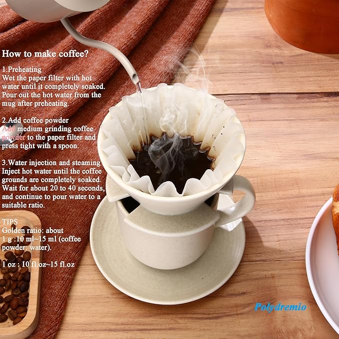 Pour Over Coffee Maker with 50 PCS Basket Coffee Filters 310 ml/10 oz Mug with Saucer &amp Coffee Dripper Ceramic Off-white
