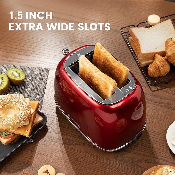 Roter Mond 2 Slice Toaster Retro Stainless Steel with Bagel Cancel and Defrost Functions 6 Bread Shade Settings Extra Wide Slots and Removable Crumb Tray Red