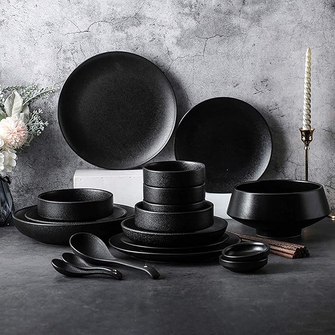 Ceramics Dinner Sets 46 Pieces Matte Black Glaze Cereal Bowl and Steak Plate Set | Porcelain Dinnerware Set for Family Gathering and Restaurant