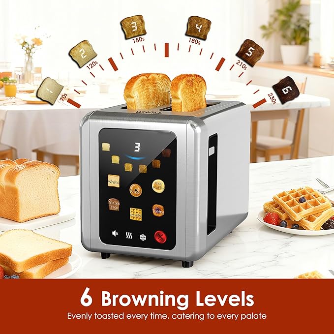WHALL Full Touch Screen Toaster 2 Slice 1.5'' Wide Slot Stainless Steel Toaster with Digital Timer 6 Bread Types &amp 6 Shade Settings Crumb Tray Reheat/Defrost Smart Toasters for Bagels Silver