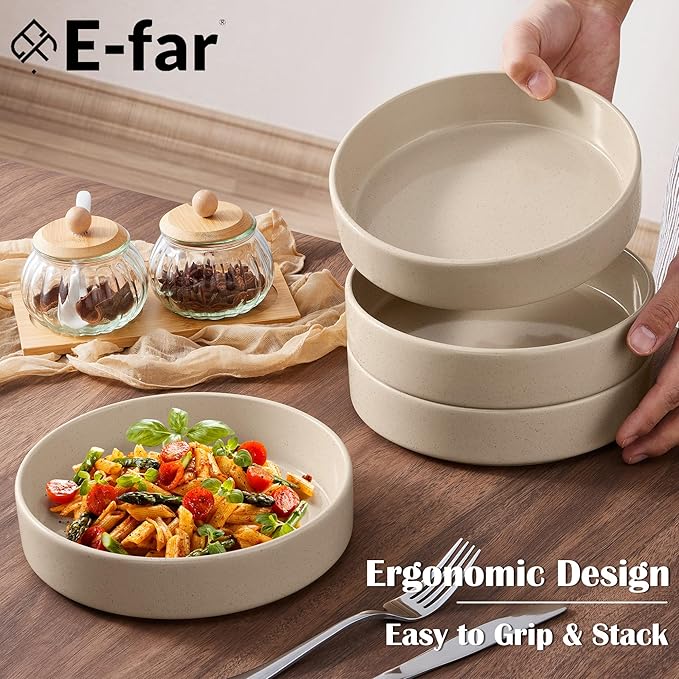 E-far Stoneware Dinnerware Sets with Pasta Bowls Set of 4 Bundle 12PCS Plates and Bowls Dish 35oz Ceramic Large Salad Bowl Plates for Serving Soup Dinner Microwave &amp Dishwasher Safe Speckled K