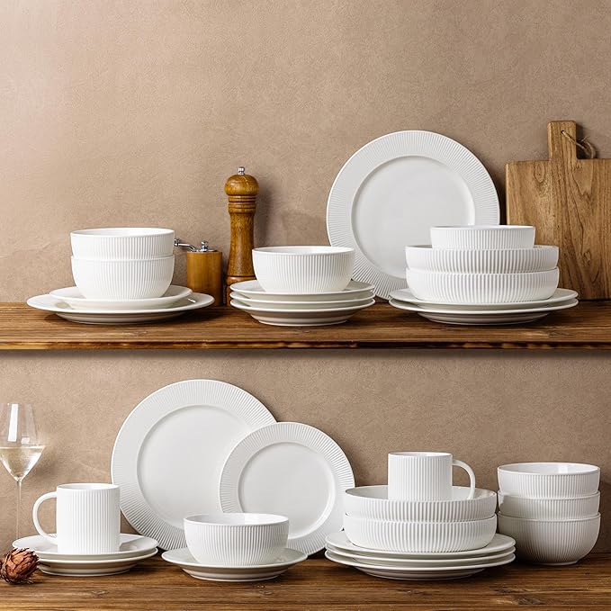 TheTerra Stoneware Dinnerware Sets for 6 18 Pieces Ceramic Plates and Bowls Sets Scratch Resistant Embossed Dish Set Oven Microwave &amp Dishwasher Safe Bright White