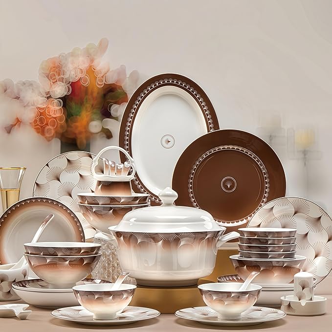 Fine Bone China Dinnerware SetPorcelain&ampCeramic Dinnerware SetsBone Stoneware &amp Ceramic Cookware Tableware Set Includes Dinner Plates|Spoons|Pasta Bowls|Soup Pot|Chopsticks (40 PCS)