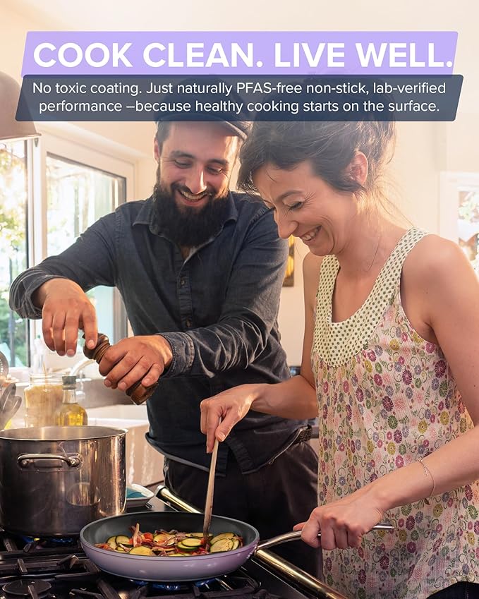 Nuwave Healthy G11-Pots and Pans Set Non Stick 9H Near-Diamond Hardness Scratch-Resistant Works on All Stovetops PFAS Free with Frying Pans Saucepans &amp Glass Lids Stay-Cool Handles Lilac