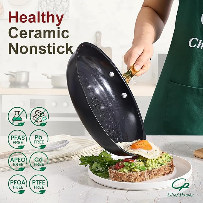 Chef Power Ceramic Cookware Sets 15Pcs Pots and Pans Set Non Stick Cookware Set with Stainless Steel Handle Dishwasher &amp Oven Safe Stone Black and Light Gold Handle