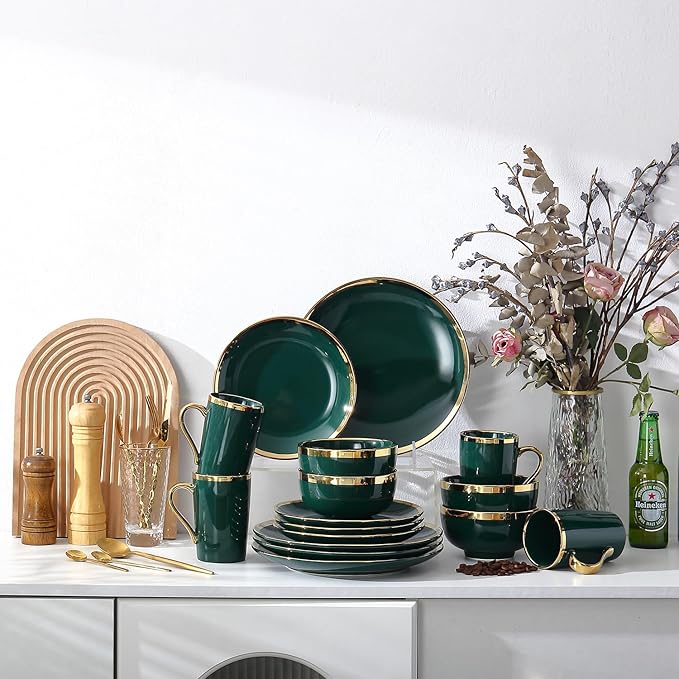 Modern 16 Piece Porcelain Green and Gold Dinnerware Set Stoneware Dinnerware Sets for 4 Plates and Bowls Sets Dish Set with Gold TrimDishes