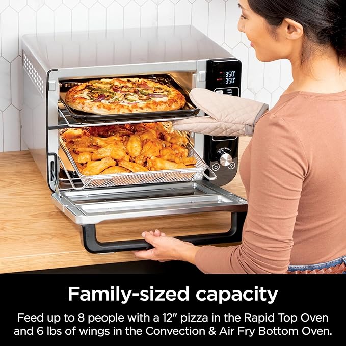 Ninja DCT400 10-in-1 Double Oven with FlexDoor FlavorSeal &amp Smart Finish Rapid Top Convection and Air Fry Bottom Bake Broil Air Roast Toast Air Fry Pizza and More Stainless Steel (Renewed