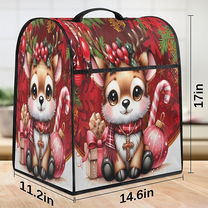 Kitchen Aid Mixer Cover Christmas Deer Candy Canes Stand Mixer Cover Compatible with 6-8 Quarts Stand Mixers Dust Covers with Zipper Pocket Foldable Washable Kitchen Aid Organizer Bag