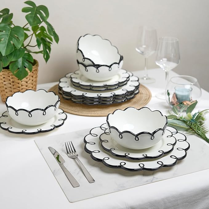 Sango 12-Piece Earthenware Dinnerware Set for 4 Glossy White Plates and Bowls Sets with Black Scalloped Rims Premium Dish Set Dishes for Hosting Parties Birthday &amp Wedding Gifts Splash of Che