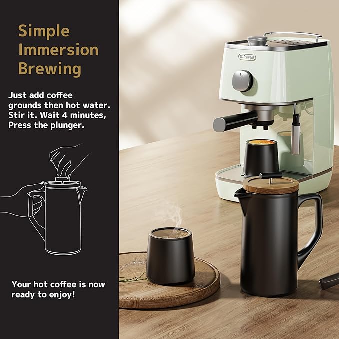 DHPO Ceramic French Press Coffee Maker 22oz Single Serve Coffee Press with Walnut Wood Lid Lead-Free Food Grade Stainless Steel Filter with Dual Screen for Coffee and Loose Tea Black