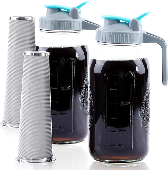 Cold Brew Coffee Maker 64 Oz Wide Mouth Mason Jar Iced Coffee Maker 2 Set Half Gallon Glass Pitcher With Strainer 2 Quart Cold Brew Pitcher With Spout Lids For Fridge Lemonade Cold Brew Milk