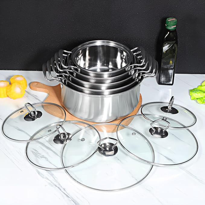 5-piece Stackable Pot Sets with Tempered Glass Lids Stainless Steel Cookware Pot Sets with Double Handles Compatible with Induction Electric Gas Cooktops/152 464895