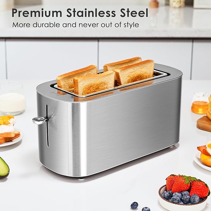 4 Slice Toaster NIKLEMON Full Stainless Steel Toaster with LED Display Touch Buttons with Long Extra Wide Slots Bagel Defrost Reheat Cancel Functions Removable Crumb Tray 1300W