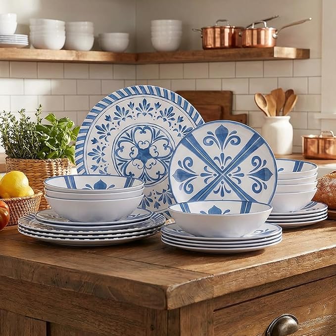 Melamine Dinnerware Sets for 4 12-Piece Plates and Bowls Sets - 4 Dinner Plates 4 Salad Plates 4 Cereal Bowls - Shatterproof &amp Lightweight for Indoor/Outdoor Dining Embossed Textures