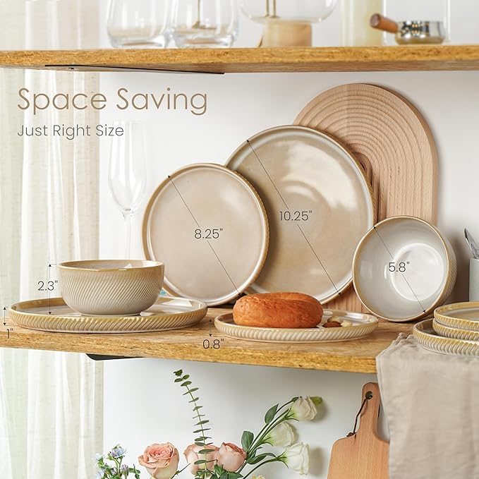Stoneware Dinnerware Sets for 4 12-Piece Scratch Resistant Plates and Bowls Set Dishwasher and Microwave Safe Ceramic Dishes Set Ribbed Sculpted Dune
