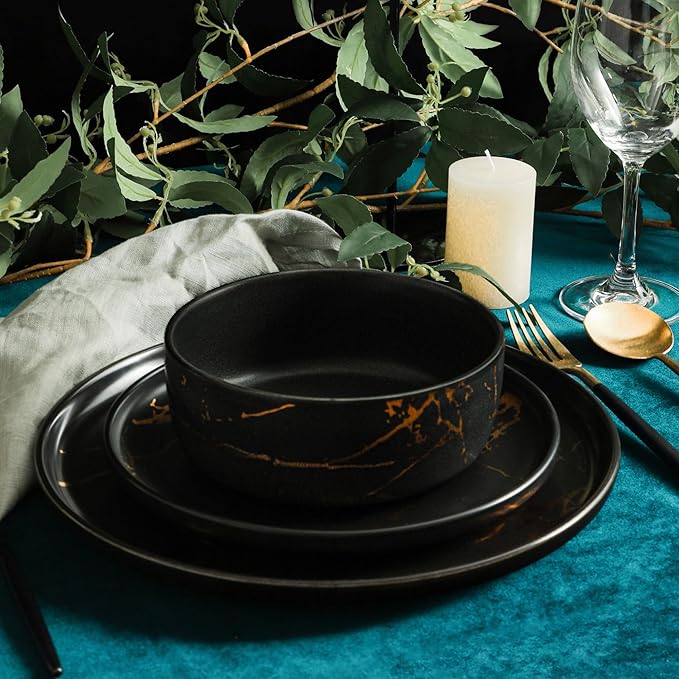 Stone Lain Porcelain 16 Piece Dinnerware set 4 Full Black Gold Splash Sets
