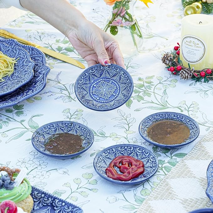 Sungmor Embossed Stoneware Fine Dining Dinnerware Antique Baroque Style Porcelain 4 Inch Soy Saucer Dish Set of 4 Sophisticated Ceramic Dipping Bowl Appetizer Dessert Plate Ketchup Spices Bowl