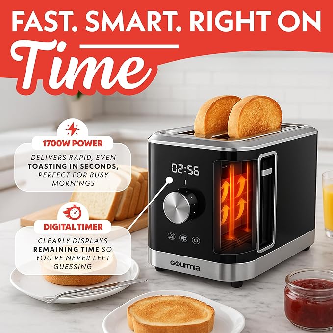 Gourmia 2 Slice Toaster – 6 Browning Levels with Bagel and Defrost Mode One-Touch Toasting Removable Crumb Tray Extra Wide Slots Compact Design Black