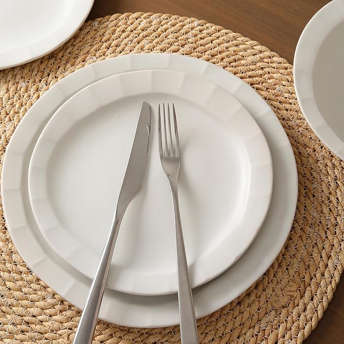 Stone Lain Oasis Stoneware 24 Piece Dinnerware Set Home Kitchen Dish Set with Dinner Plates Salad Plates &amp Bowls - Service for 8 White