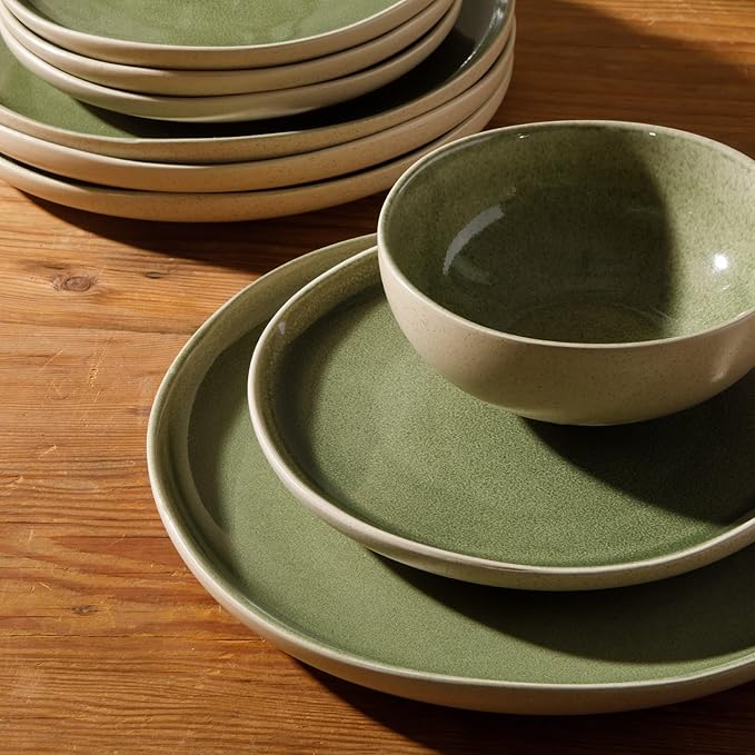 Gibson Elite Manila Bay 12-Piece Stoneware Dinnerware Set Service for 4 Reactive Glaze Modern Artisan Plates Bowls &amp Mugs Green Round Design