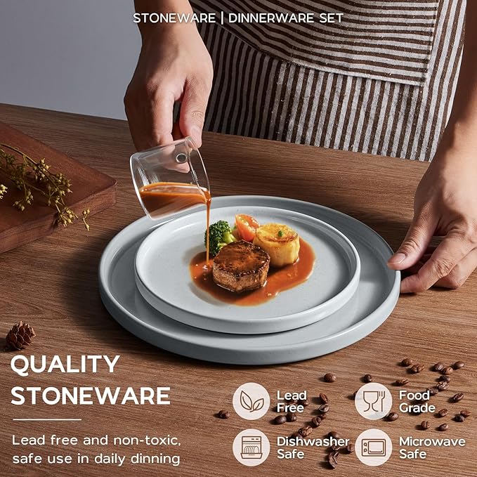 Onader Dinnerware sets 24 Piece Plates and Bowls Stoneware Kitchen Dinner Dish Set for 6 Ceramic Speckled Dinnerware with Pasta Bowl - Slate Gray