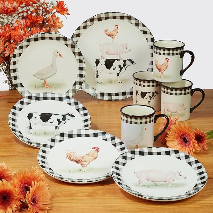 On the Farm 16-Piece Dinnerware Set – Country Farmhouse Plates Bowls &amp Mugs for 4 – Ceramic Dinnerware Featuring Cow Pig Rooster Duck &amp Gingham Design – Rustic Kitchen Tableware