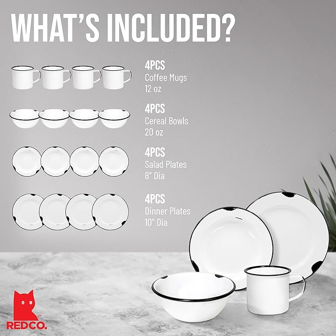 Red Co. 16-Piece Enamelware Metal Dinnerware Set for 4 Distressed White/Black Rim