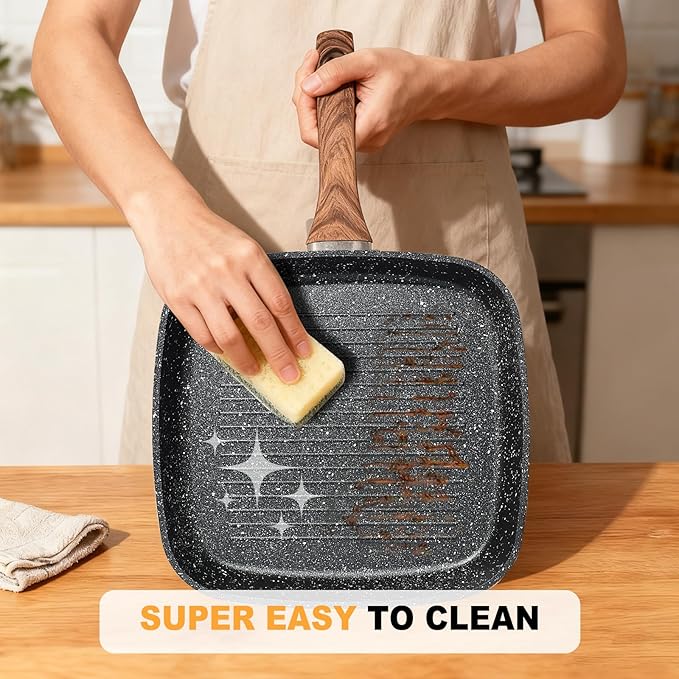 DUMOS 3 Pcs Grill Pans Set Nonstick Square Frying Pan Skillet Set with Stay Cool Handle &amp PFOA Free Compatible with All Stovetops (9.5 10 11) Light Black