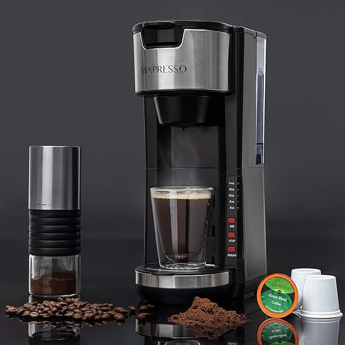 Mixpresso Black Single Serve Coffee Brewer K-Cup Pods Compatible &amp Ground 30 oz Compact Coffee Maker Single Serve With 5 Brew Sizes Up To 14 Oz Fits Travel Mug Adjustable Drip Tray
