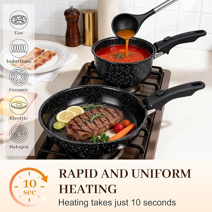 Pots and Pans Set - 25-Piece Non Stick Cookware Set Pots and Pans with Detachable Handles Includes Pans Pots Utensils Trivets for Hot Dishes Lids Space-Saving Cookware