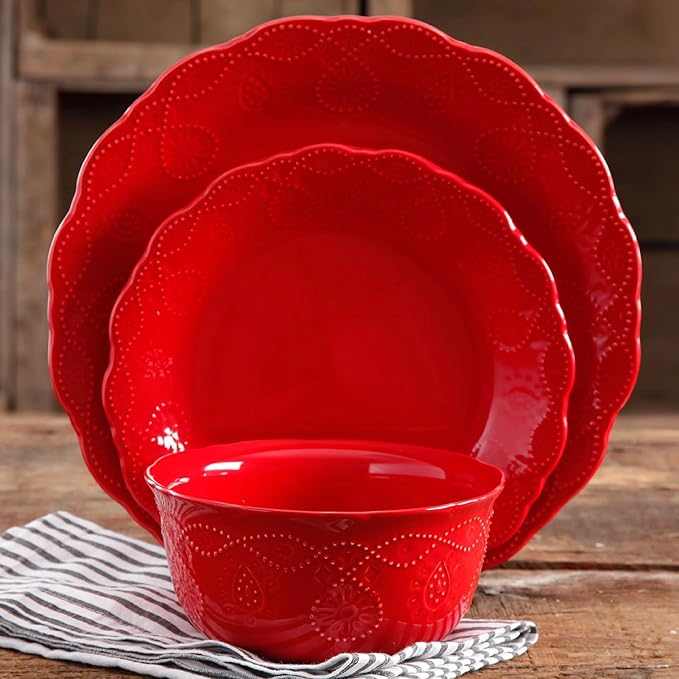 12-Piece Red Stoneware Dinnerware Set Cowgirl Lace Embossed Scalloped Edge Service for 4