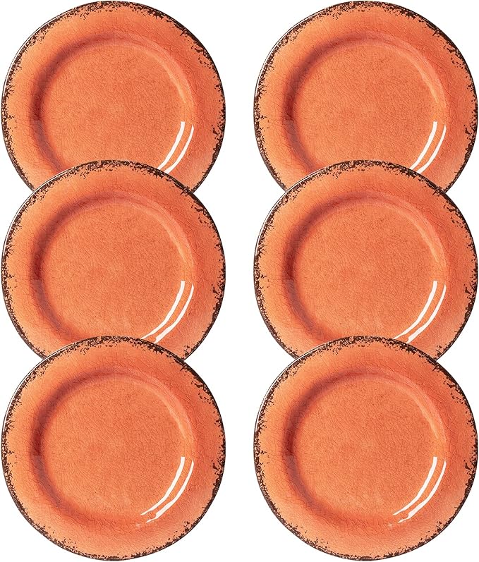 LEHAHA Melamine Salad/Dessert Plates Crackled Design Plates Set of 6 9 inch Small Dinner Plates Modern Rustic Kitchen Serving Dishes for Party Picnic and Camping Use Orange