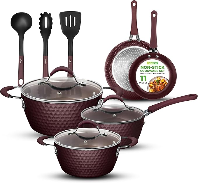 NutriChef Nonstick Cookware Excilon Home Kitchen Ware Pots &amp Pan Set with Saucepan Frying Pans Cooking Pots Lids Utensil PTFE/PFOA/PFOS free 11 Pcs Purple Diamond One size