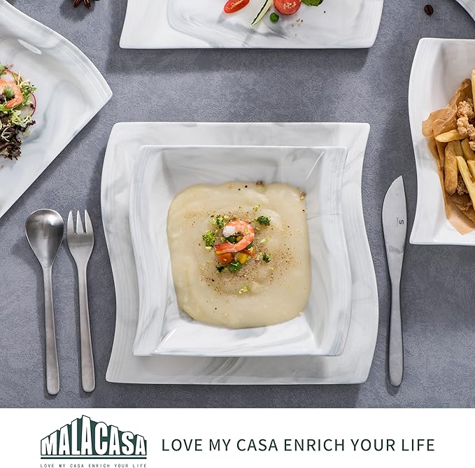 MALACASA 30 Piece Marble Grey Square Dinnerware Sets Bundle With 26 Piece Plates and Bowls Sets Series FLORA