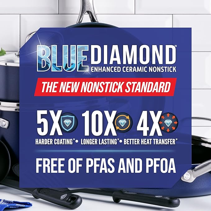 Blue Diamond 20 Piece Nonstick Cookware Set Diamond Ceramic Pots &amp Pans Dishwasher &amp Metal Utensil Safe Non Toxic PFAS-Free Kitchen Cooking Sauce &amp Saute Pans Oven &amp Broiler to 60