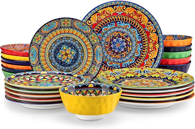 vancasso 24 Pieces Plates and Bowls Set Bohemian Style Dinnerware Sets Service for 6 Porcelain Boho Dishes Set for Kitchen Housewaring Gift Dishwasher and Microwave Safe Series KRVI