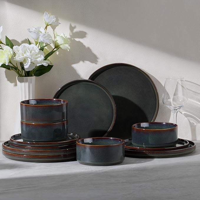 E-far 12-Piece Plates and Bowls Sets Stoneware Dinnerware Dishes Sets for 4 Kitchen Modern Dining Dishware Chip &amp Scratch Resistant Microwave &amp Dishwasher Safe Blackish Green